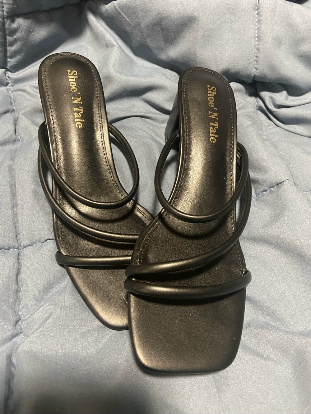 ShoeNTale Black Multi-Strap Square-Toe Slide Heels
